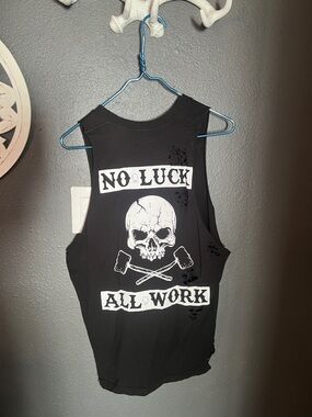 Graphic Skull Tank Top - "No Luck All Work" - Black & White medium